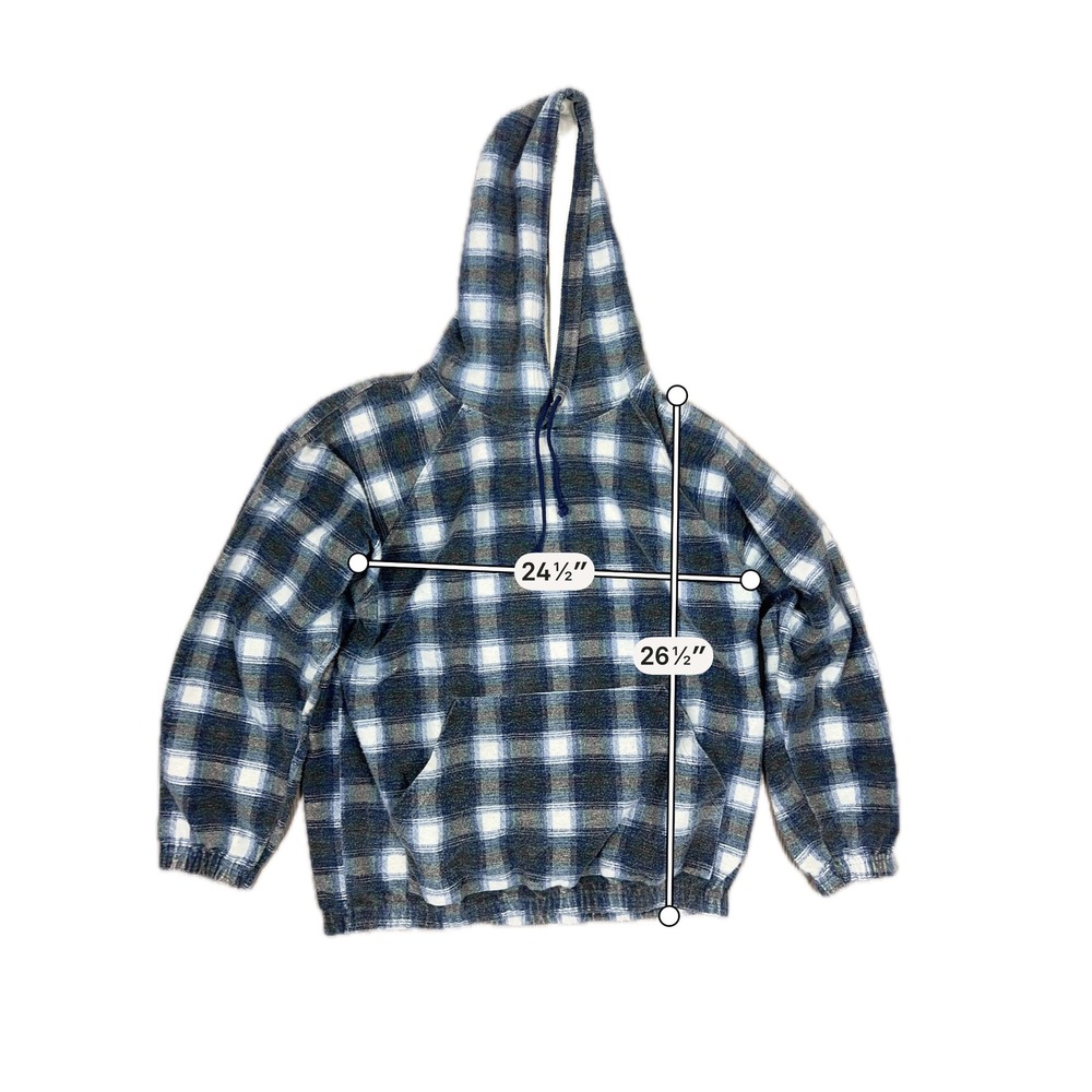 Vintage Blue Plaid Flannel Hoodie Sweatshirt - SIZE L Fall Winter - Picture 6 of 6